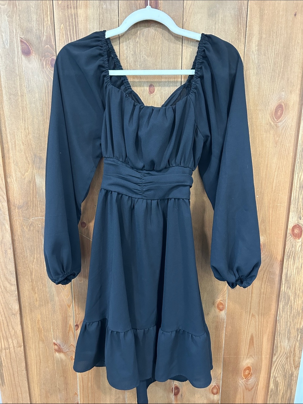 Women's Black Long-Sleeve Peasant Dress with open back and bow! So pretty!